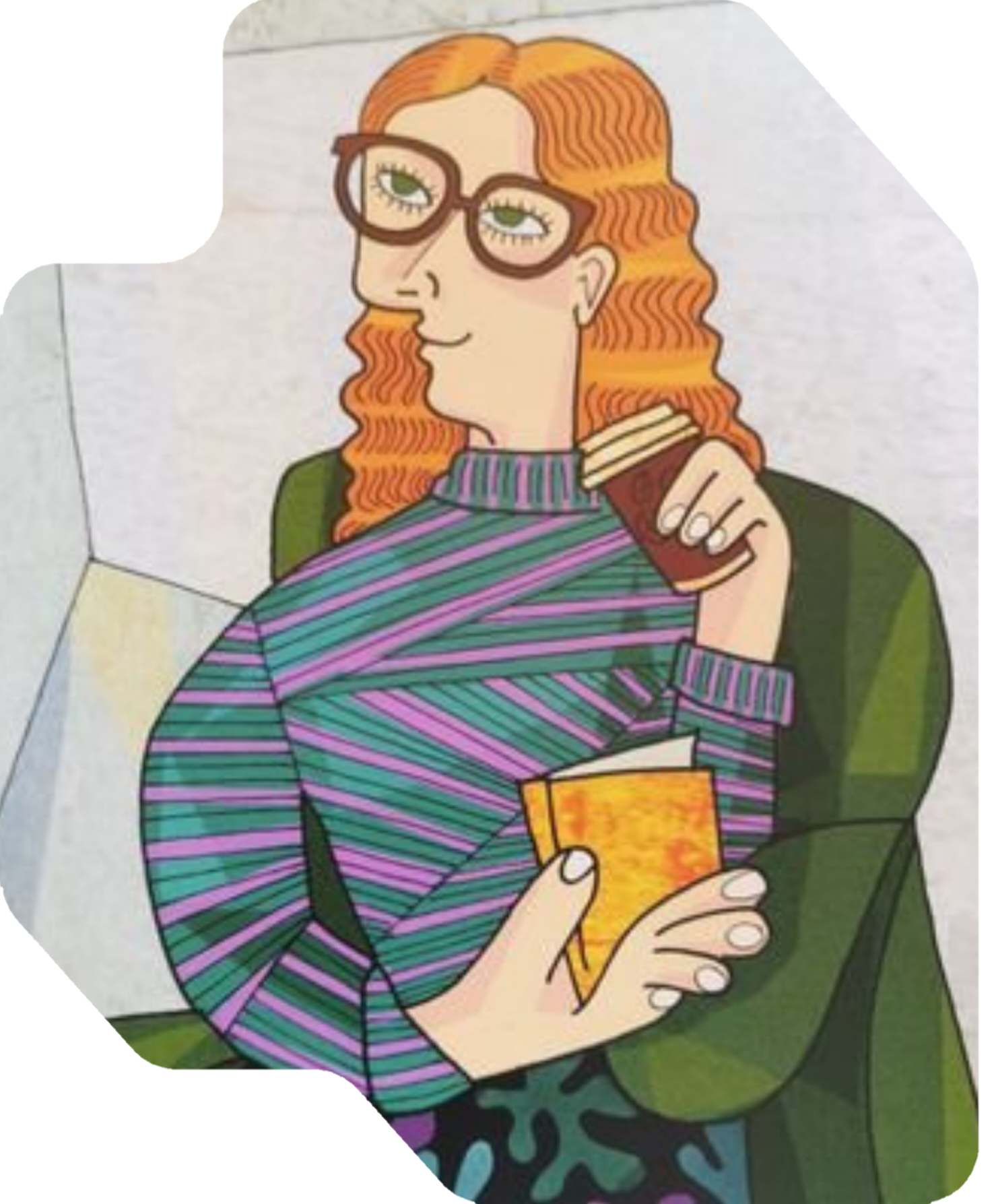 an illustrated cubist style portrait of a ginger woman with glasses on an armchair holding a coffee cup and a notebook